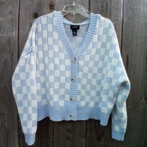 Cardigan Sweater Button Just Polly Women Sz M Knitted Plaid Light Blue White